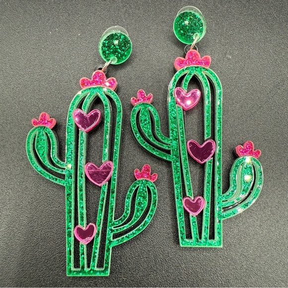 Green and Pink Cactus Earrings - Pierced - Picture 4 of 7